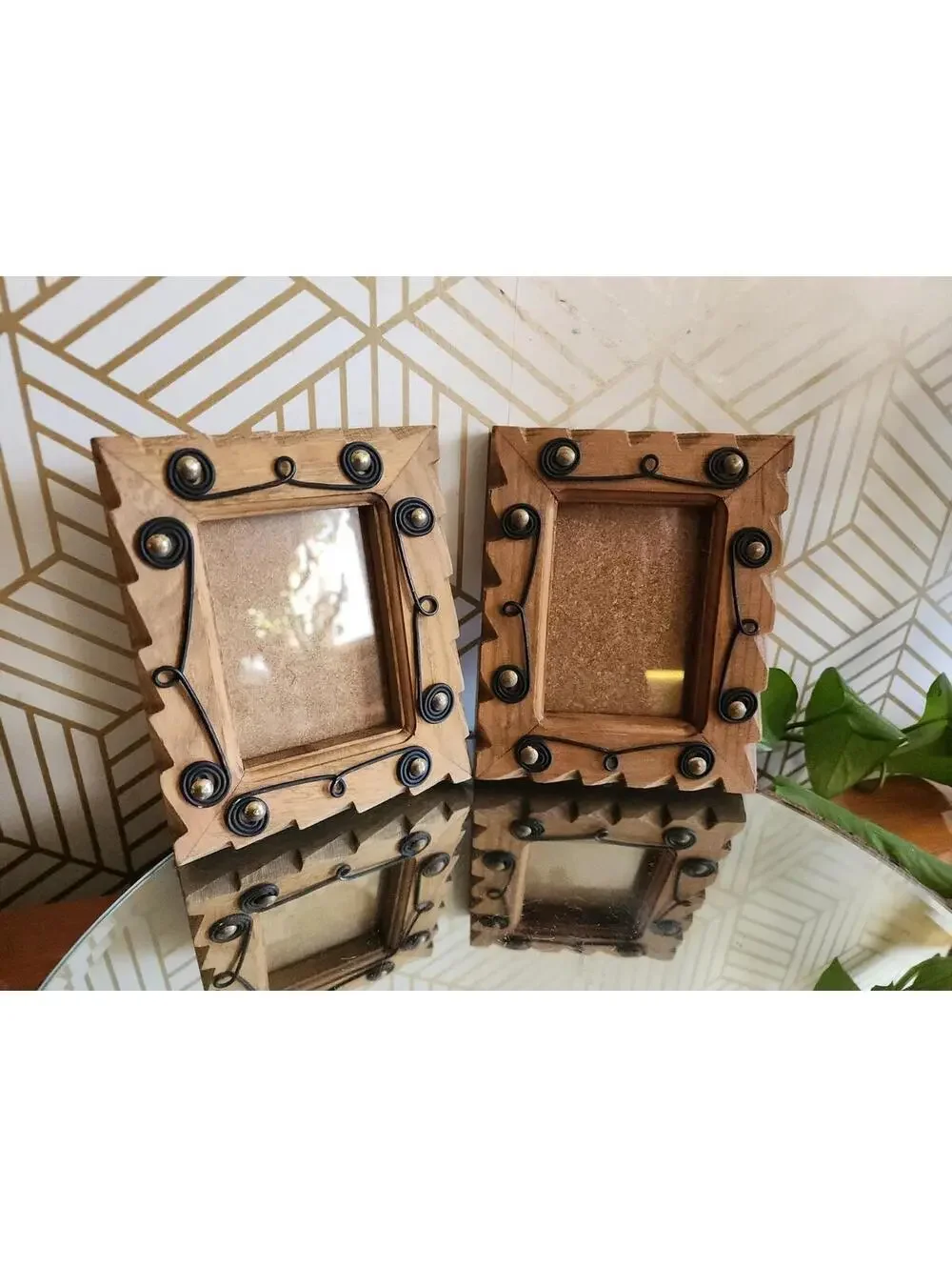 Vintage Handmade Wooden Rustic Photo Frames With Wire Scrolling - Pair 5